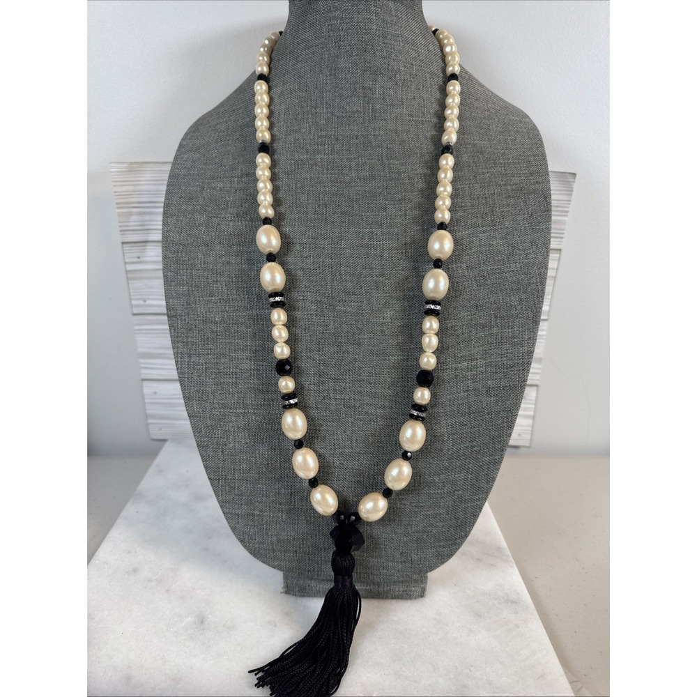 Vtg. Dauplaise Faux Pearl & Rhinestone Necklace with Tassel 34"